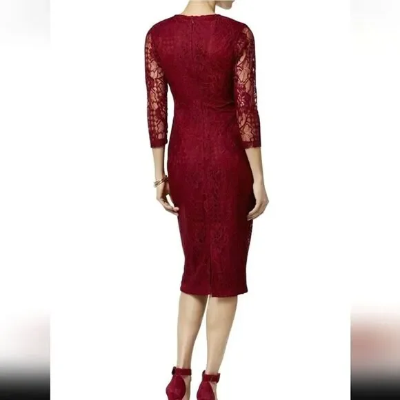 Jessica Simpson Burgundy Lace Overlay 3/4 Sleeve Midi Dress Sz 4 - Picture 3 of 12
